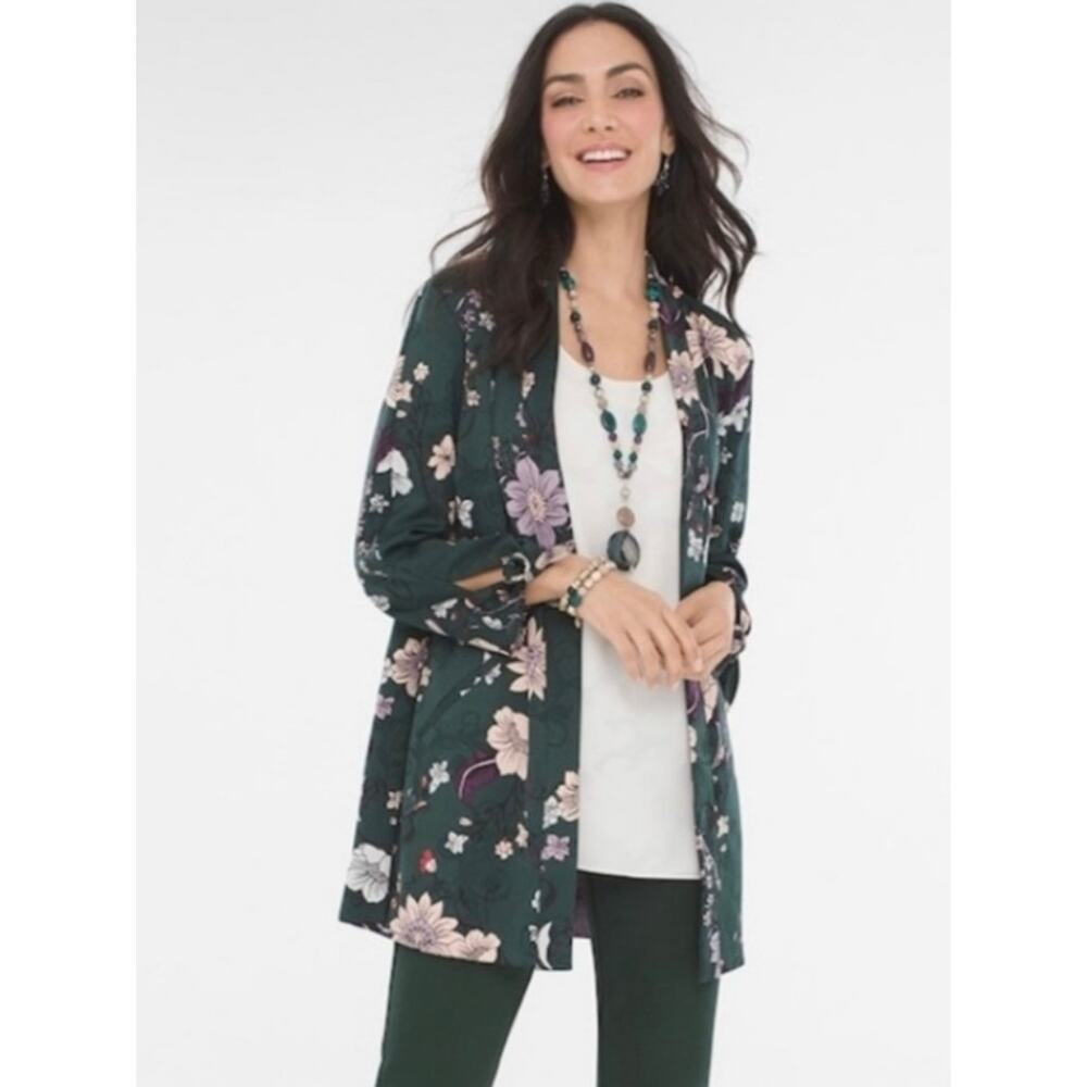 Chico's‎ Floral Kimono Open Jacket Tie Sleeves Satin Women's 1 Medium Green